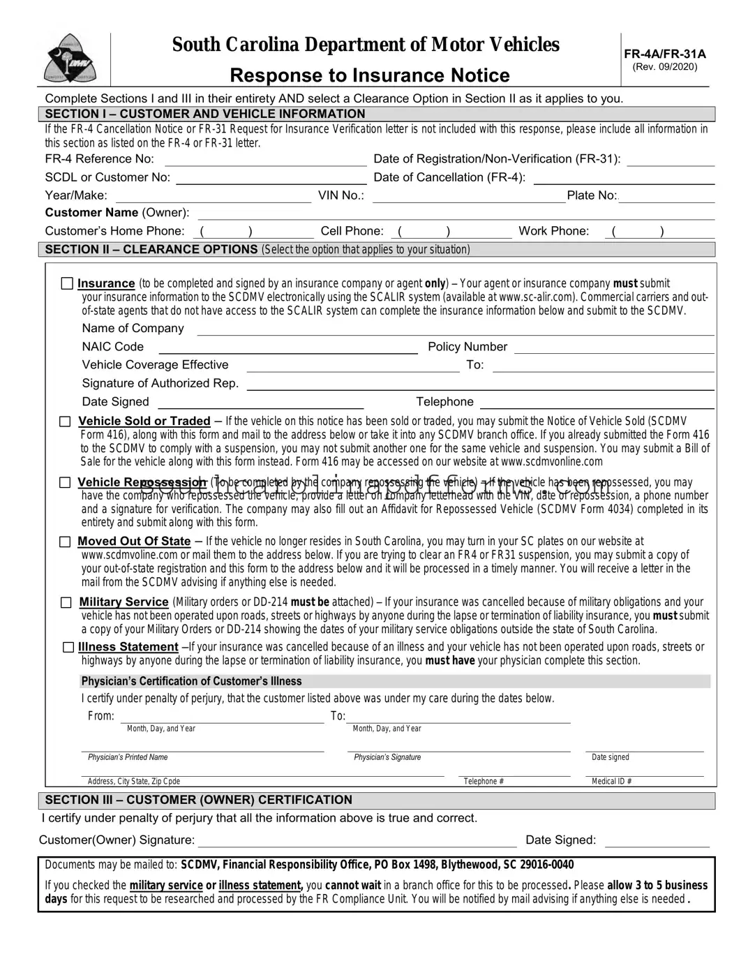 Fr 31 South Carolina Dmv Template