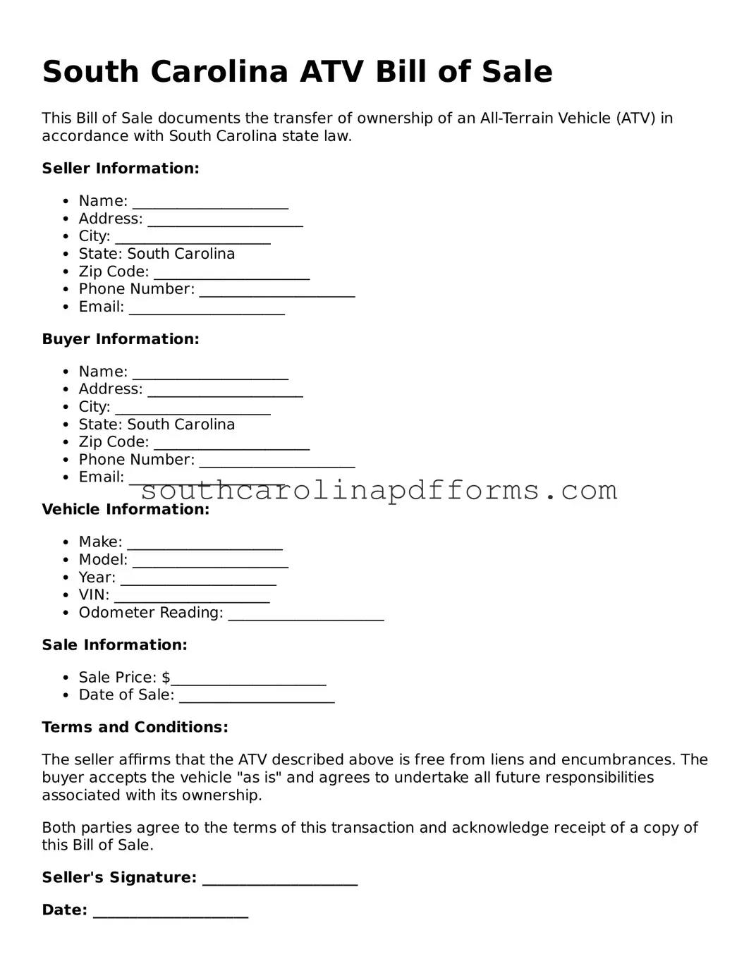 Attorney-Approved South Carolina ATV Bill of Sale Document