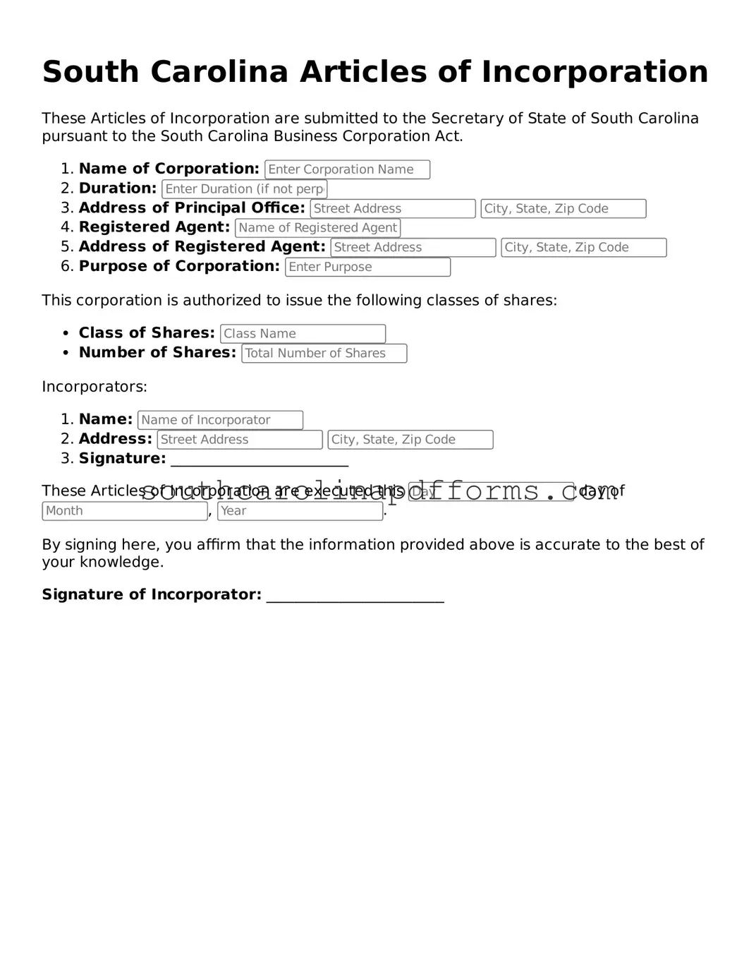 Attorney-Approved South Carolina Articles of Incorporation Document