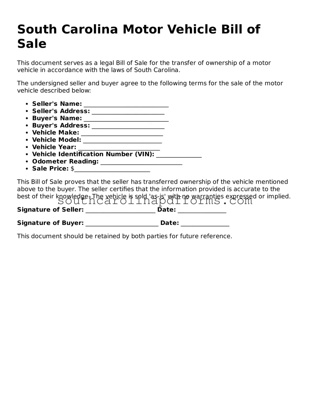 Attorney-Approved South Carolina Motor Vehicle Bill of Sale Document