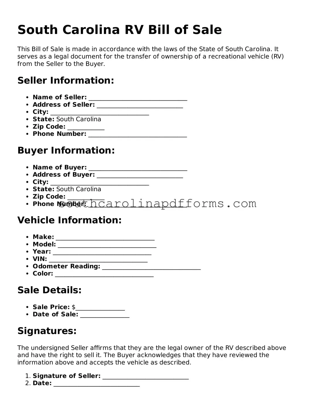 Attorney-Approved South Carolina RV Bill of Sale Document