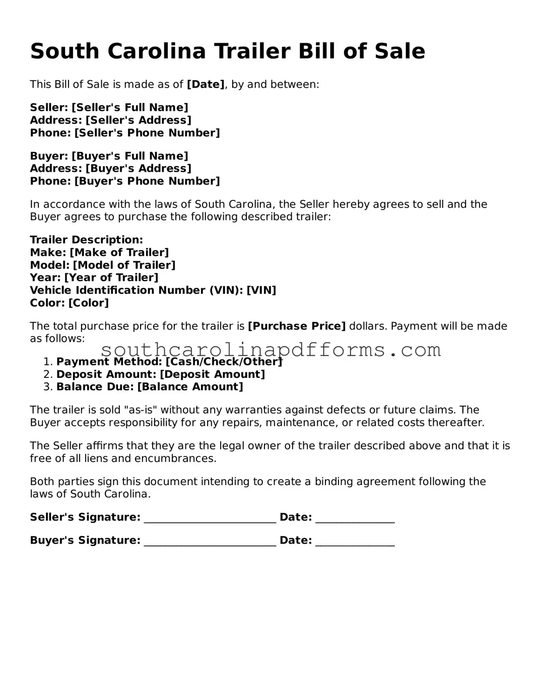 Attorney-Approved South Carolina Trailer Bill of Sale Document