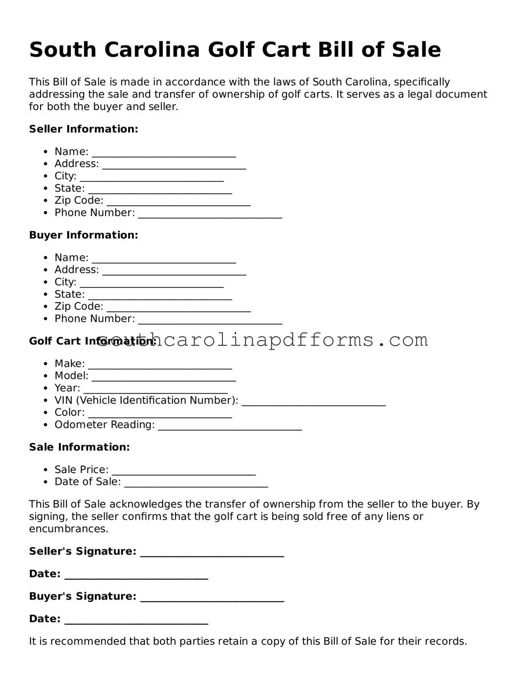 Attorney-Approved South Carolina Golf Cart Bill of Sale Document