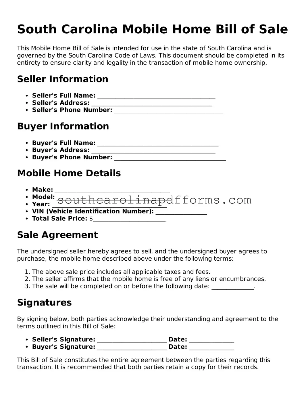 Attorney-Approved South Carolina Mobile Home Bill of Sale Document