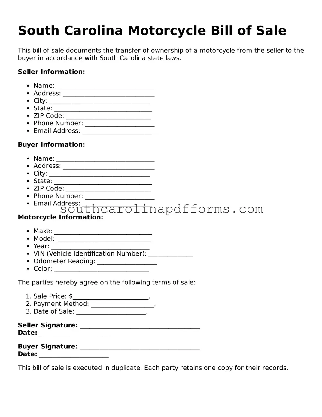 Attorney-Approved South Carolina Motorcycle Bill of Sale Document