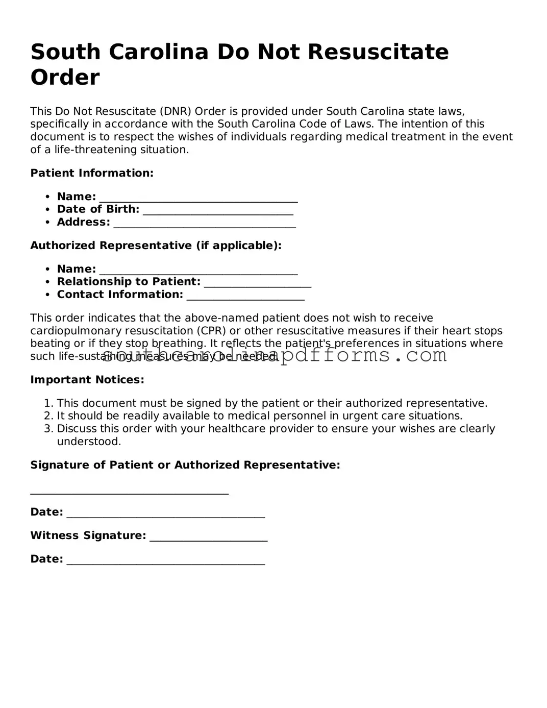 Attorney-Approved South Carolina Do Not Resuscitate Order Document