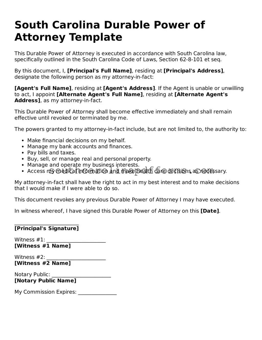 Attorney-Approved South Carolina Durable Power of Attorney Document