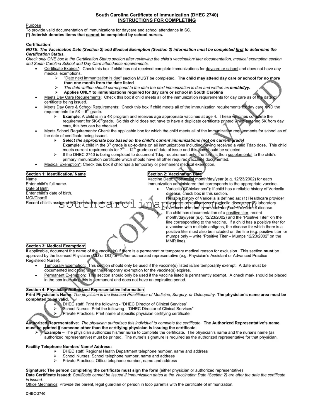 South Carolina Immunization Certificate Template