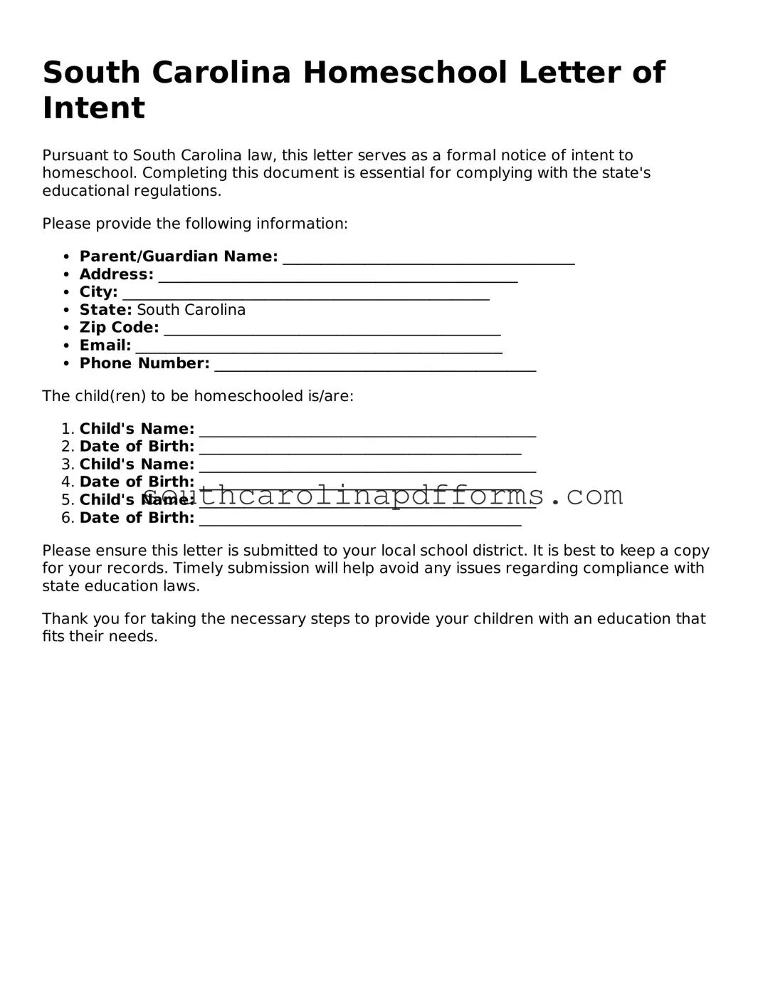 Attorney-Approved South Carolina Homeschool Letter of Intent Document