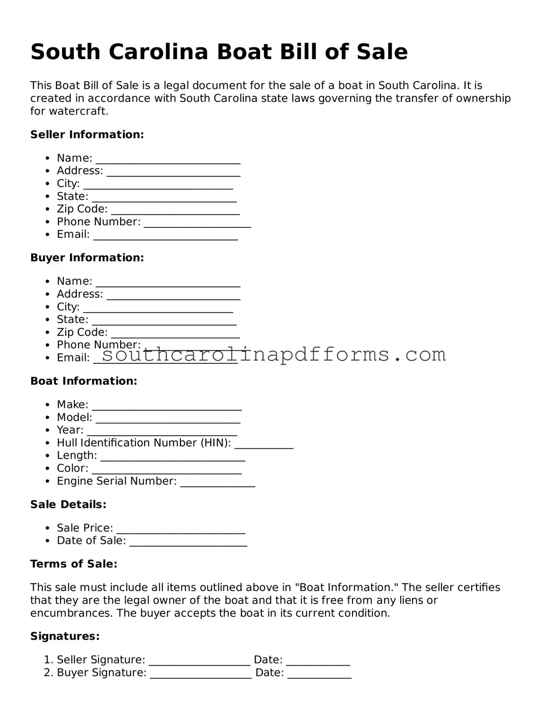 Attorney-Approved South Carolina Boat Bill of Sale Document