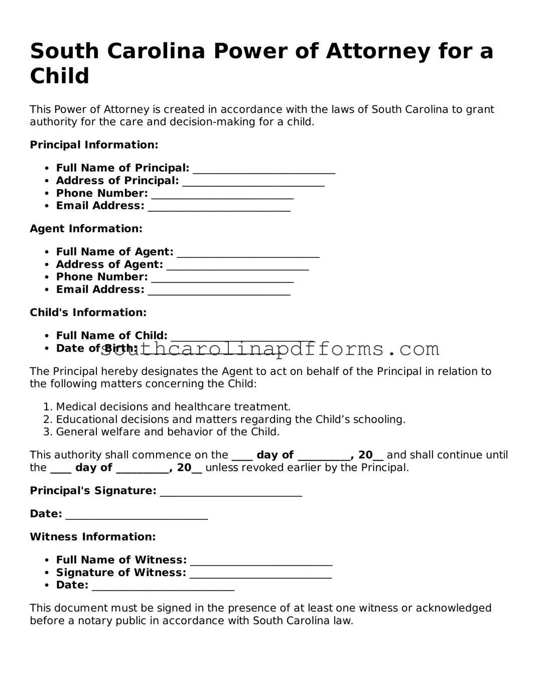 Attorney-Approved South Carolina Power of Attorney for a Child Document