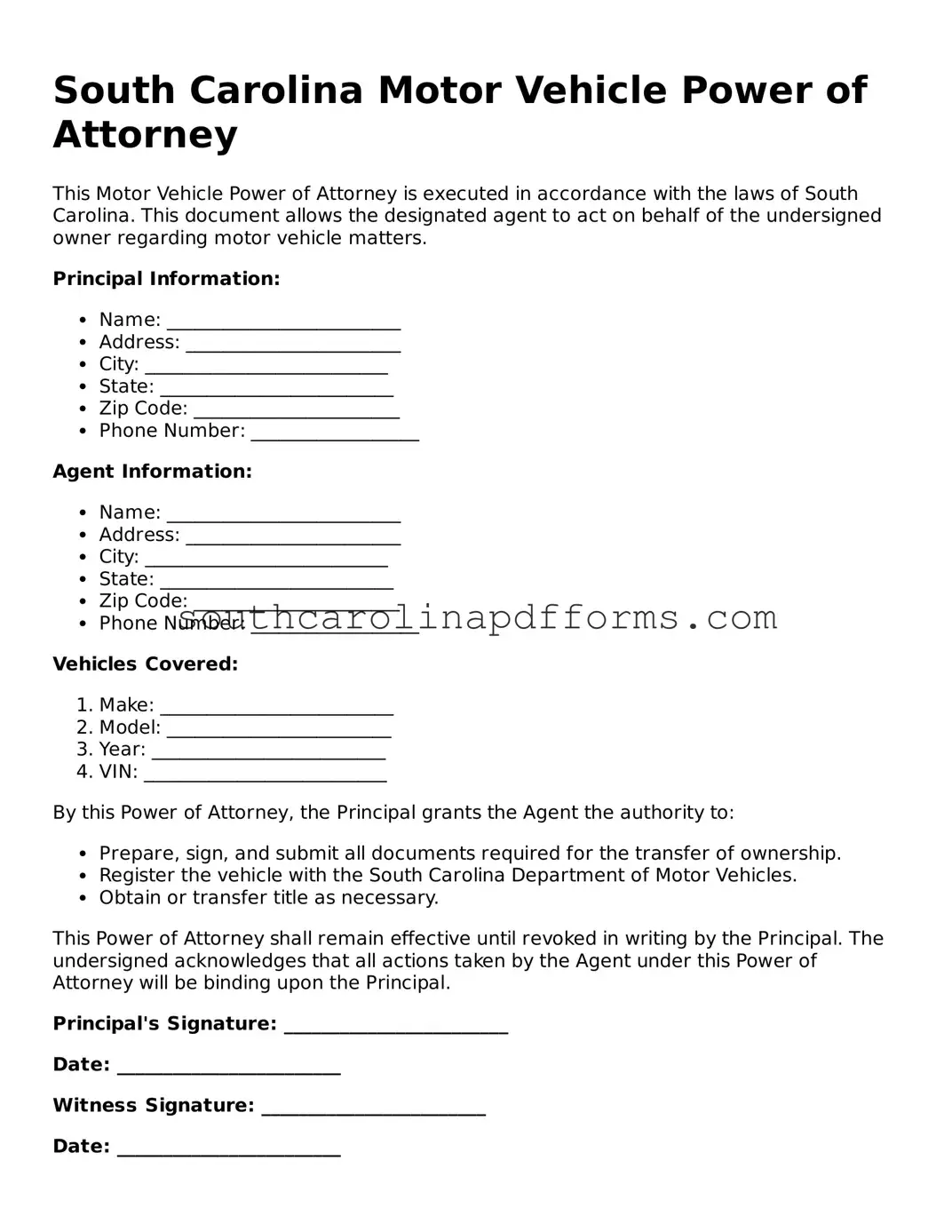 Attorney-Approved South Carolina Motor Vehicle Power of Attorney Document