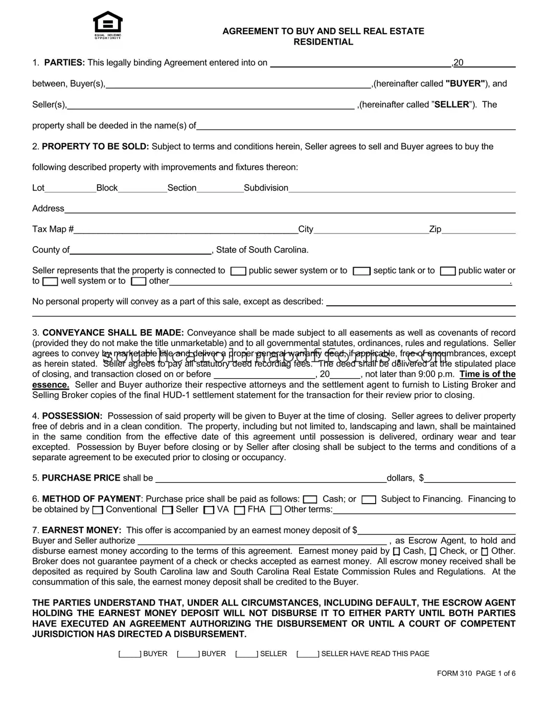 South Carolina Real Estate Contract 310 Template