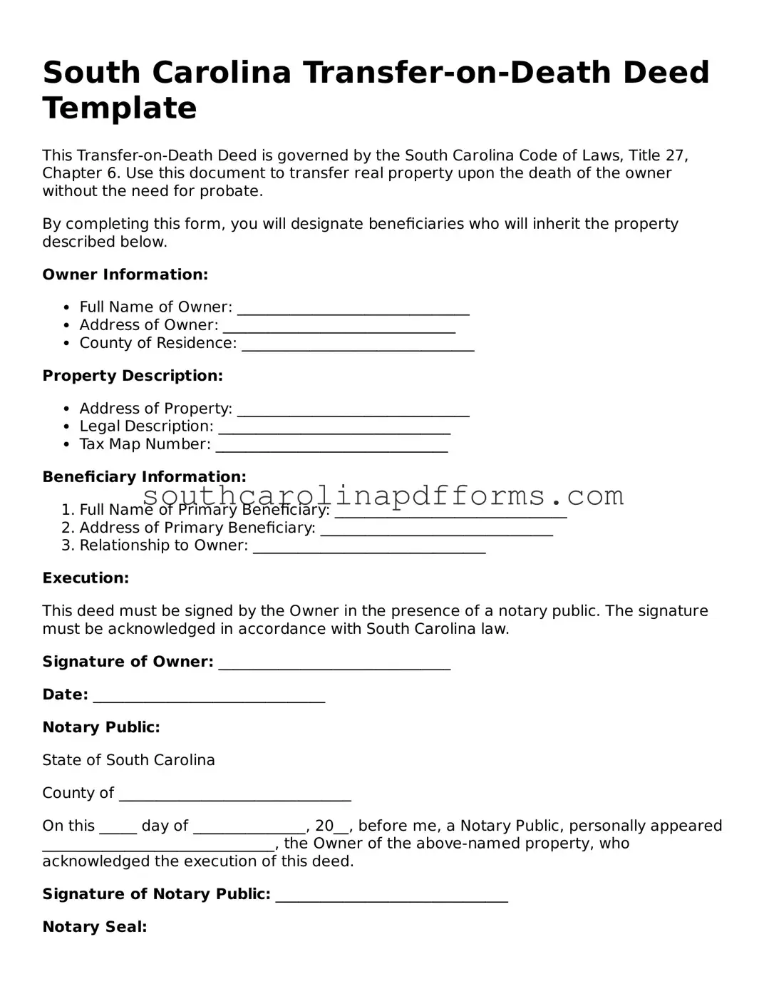Attorney-Approved South Carolina Transfer-on-Death Deed Document