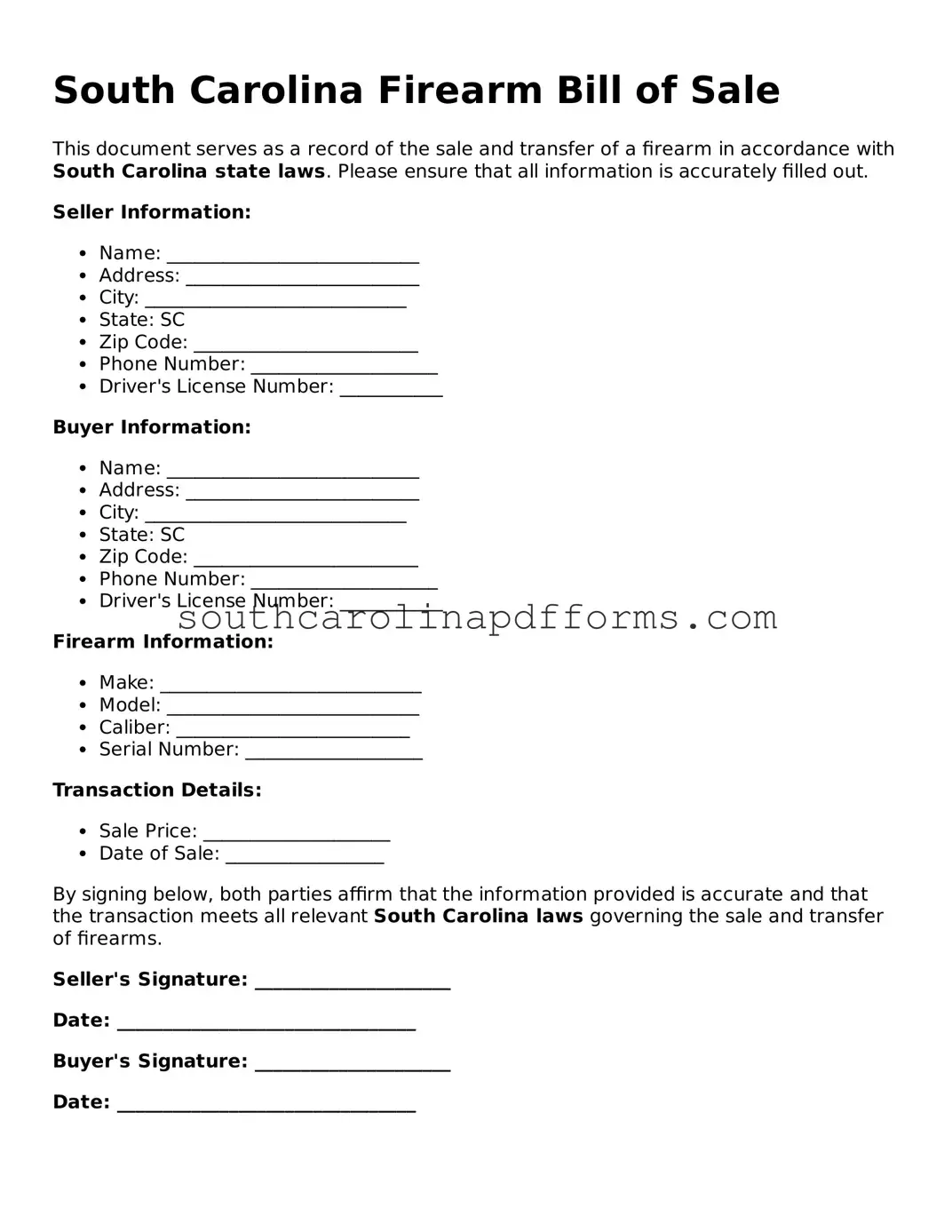 Attorney-Approved South Carolina Firearm Bill of Sale Document