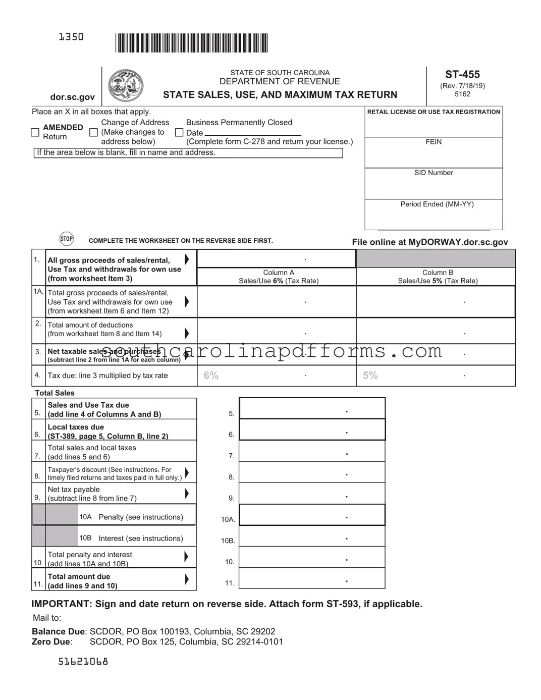 State Of South Carolina St455 Template